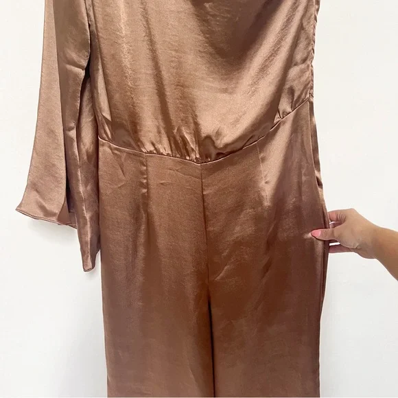 River Island Satin One-Shoulder Bronze Jumpsuit - Picture 10 of 12